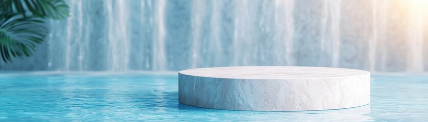 Poster - Minimalist White Podium on Water with Blurred Waterfall Background.