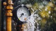 © Paul - A close-up of a burst pipe beside a water meter, water exploding out with force, the pressure gauge showing critical levels, water droplets flying through the air