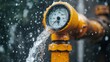 © Paul - A close-up of a burst pipe beside a water meter, water exploding out with force, the pressure gauge showing critical levels, water droplets flying through the air