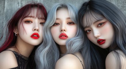 Four beautiful Korean women with different hair colors, long wavy hair, and makeup in a photo studio.