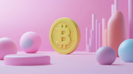 3D rendering of a cryptocurrency Bitcoin icon on a clean background, ideal for mock-up and web banner applications. This cartoon-style interface design, with its minimalist aesthetic, is well-suited f