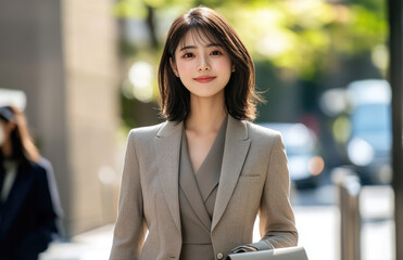 Wall Mural - A beautiful Japanese woman in her early to mid-20s with medium-length hair, wearing an elegant beige blazer and skirt