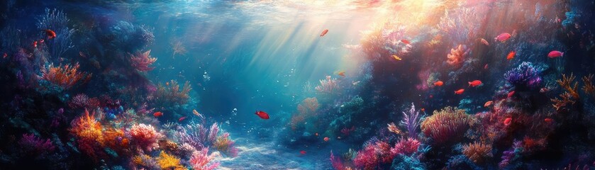 A colorful underwater fantasy scene, a vibrant coral reef teeming with exotic sea creatures, shimmering light filtering through water, surreal angles create an immersive experience