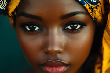 Closeup of African woman with beautiful natural makeup, intense eyes, traditional headscarf, flawless skin, cultural fashion, vibrant look, African beauty, expressive gaze, ethnic style