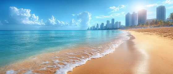 A stunning beachfront scene showcasing clear blue water, golden sand, and a vibrant skyline under a bright sun.