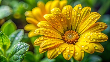 Canvas Print - Close-up of a yellow flower covered in water droplets with lush green leaves in the background