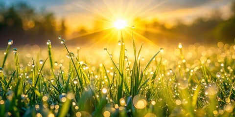 Wall Mural - Bright sun illuminating grass field with dewdrops