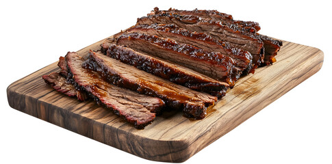 Wall Mural - Sliced meat barbecue beef brisket on a wooden board, isolated on white background