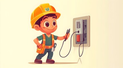 Wall Mural - Cheerful Construction Worker Fixing Electrical Panel on the Job Site