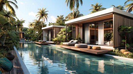 Sticker - A series of small villas with a modern design by a large lagoon style pool with palm trees all around, connecting pathways in steel and wood. Generative AI.