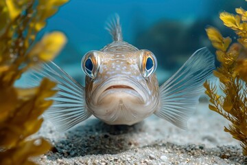 Wall Mural - Close-up of a Spotted Sand Bass with Blue Eyes in Shallow Water