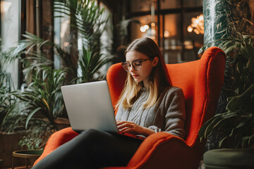 Canvas Print - Young beautiful woman working laptop a modern workspace