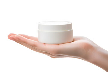 Close-up Female hand holding white mockup jar of face cream isolated on white background. Beauty products, skin care, nutrition and hydration concept