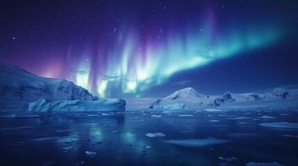 aurora australis, blue and purple lights dancing in the night sky above the icy waters of antarctica