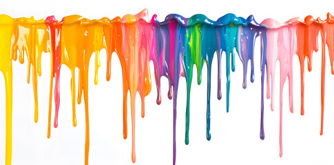 Wall Mural - Colorful rainbow paint dripping from above art isolated on white background