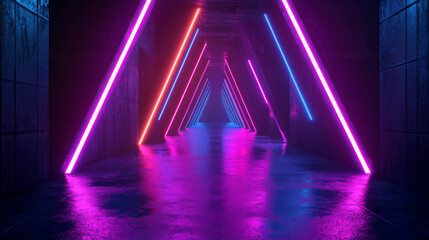This high-quality photo features a 3D rendering of an abstract psychedelic background illuminated by vibrant neon lights and glowing lines. The scene is bathed in ultraviolet hues, creating a mesmeriz