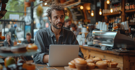 Poster - A man on a business trip or vacation takes a coffee break in a busy cafe, working on his laptop. Generative AI.