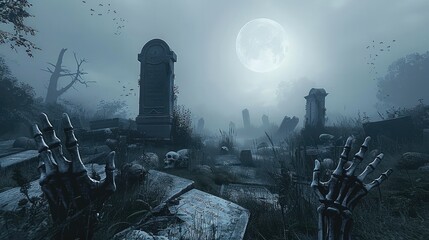 A misty graveyard with ancient tombstones, skeleton hands reaching out, and a full moon casting an eerie glow. Generative AI.