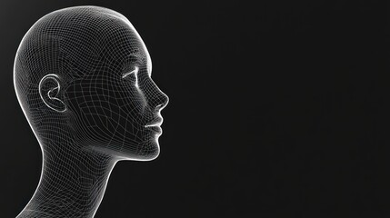 Wall Mural - a wireframe model of a human head in profile, with a black background.