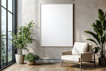 Poster Frame in Beige minimalist living room interior created with generative AI