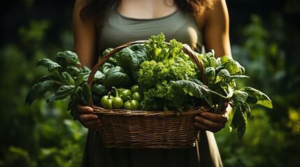 Wall Mural - girl farmer holding basket of fresh salad vegetable at farm.