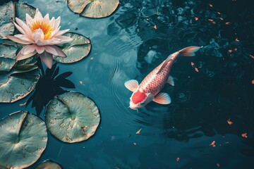 Wall Mural - A Koi Fish Swimming in a Pond with a Water Lily