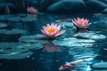 Poster - Pink Water Lily Flowers and Koi Fish in a Pond