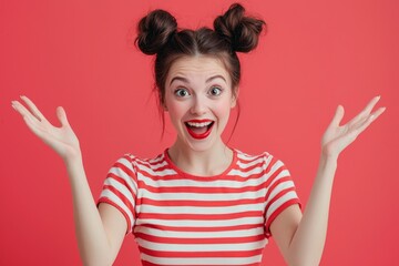 a young woman wearing a red stripped shirt and two buns on her head raising both hands in a happy gesture - studio portrait