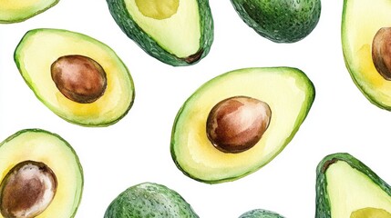 Watercolor of Avocado fruit and cut in half sliced with green leaf isolated on color background,Image of cut avocado with seed,Fresh ripe avocados,Flat lay,healty diet concept, Fresh Organic Fruit.