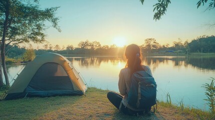 Wall Mural - Asian women visit and camp by themselves in Thailand's natural parks. Outdoor recreation and travel with an active lifestyle. Greetings and happy beginning of the day.
