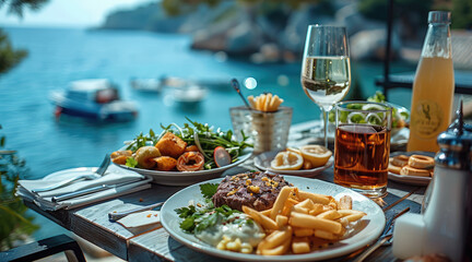 Caesar salad, fish chip and steak on the table outdoor restaurant, sea view background. Generative AI.