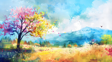 Canvas Print - Colorful Scenery Spring Watercolor painting style