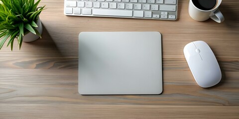 Wall Mural - A simple yet elegant image of a white computer mouse resting on a wooden desk. beside a grey mousepad.