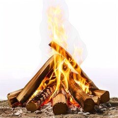 Sticker - Campfire with Tall Flames and Burning Logs on Transparent Background 