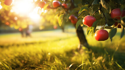 Wall Mural - Apples on Grass with an apple tree in the background