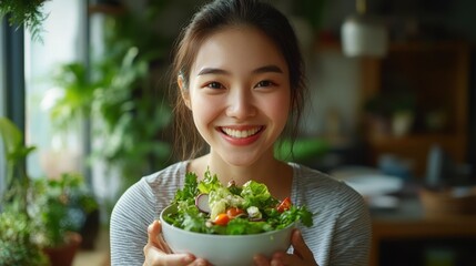 Wall Mural - Happy Young woman eating Salted salmon salad with fresh green lettuce,smoked salmon,tomato,Ketogenic,diet lunch bowl,enjoy eat clean vegetables after exercise,Healthy food concept,sport girl.