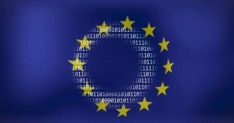 European Union flag with binary code animation surrounding it