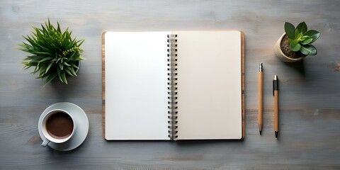 A clean and minimalist workspace with an open notebook. a cup of coffee. and two wooden pencils.