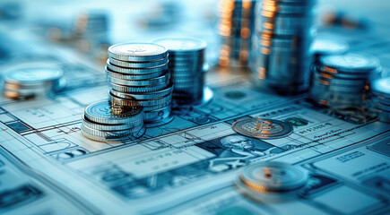 Aufkleber - Abstract blueprint or architectural design made up of currency symbols, coins, and financial charts, representing the planning aspect of wealth management. Generative AI.