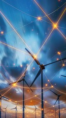 Wind turbines under starry sky with glowing connections