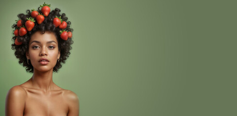 Wall Mural - banner with black fashion woman with afro and perfect glossy skin at green background with juisy strawberries with empty space for text and desigh