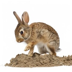 Poster - A rabbit digging a complex network of burrows isolated on white background isolated 