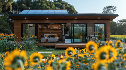Aufkleber - Modern tiny prefab with flat roof solar panels, sunflower field in the background. Generative AI.
