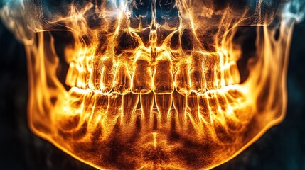 Poster - A close-up of a skull engulfed in flames, with the teeth in focus.