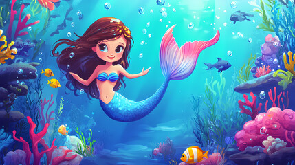 cute mermaid interacts with marine life characters in an underwater fantasy world. adorable cartoon 