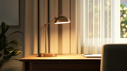 Canvas Print - 3D rendering of a stylish modern lamp on a brown wooden desk ideal for new lifestyle decoration in a bedroom or office with a classic theme