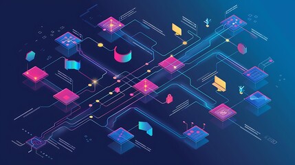 abstract digital illustration with interconnected line node network graph for Data flow technology connectivity concept.
