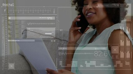 Poster - Talking on phone and reading document, woman with data processing animation over