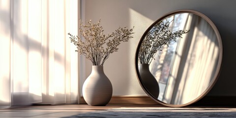 Wall Mural - 3D rendering of a modern vase alongside a mirror in a cozy interior setting