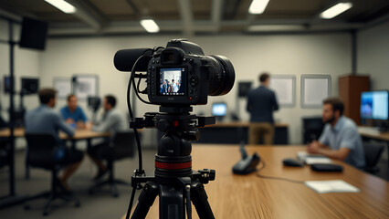 Camera setup in the foreground as a journalist interviews a guest speaker 